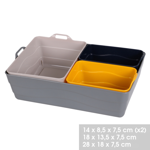 Conjunto de 4 cestos de armazenamento flexíveis e empilháveis ??em tamanhos e cores variadas.