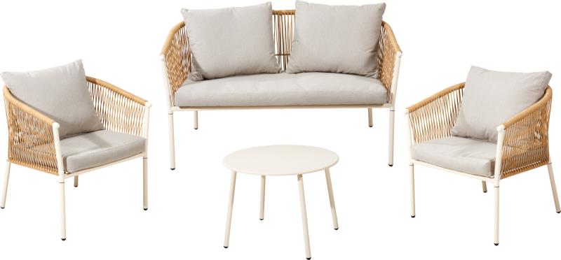 CONJUNTO JARDIM EM AÇO BEGE E RATTAN NATURAL COM ALMOFADAS 4 PCS