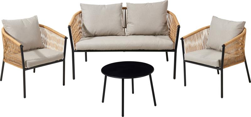 CONJUNTO JARDIM EM AÇO PRETO E RATTAN NATURAL COM ALMOFADAS 4 PCS